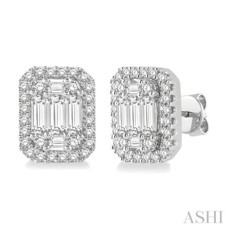 Handmade Earrings for Weddings-1 Ctw Octagonal Baguette & Round Cut Diamond Stud Earrings in 14K White Gold