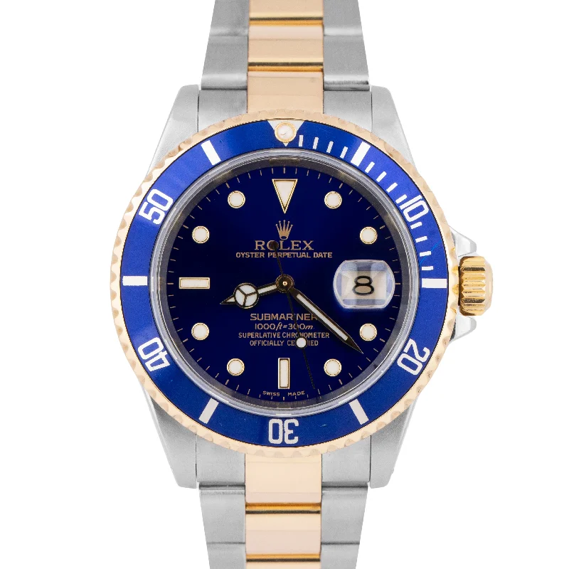 Luxury Watches with Gemstone Detailing-PAPERS Rolex Submariner Date 40mm Blue Two-Tone Gold Buckle Watch 16613 LB B+P