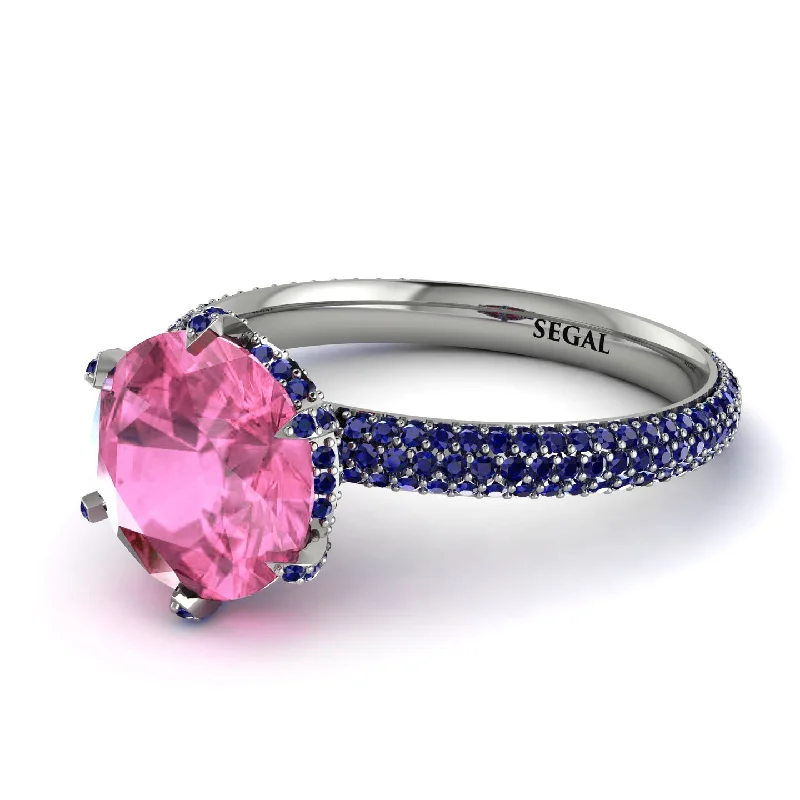 Vintage Ring with Sapphire-Hidden Halo Round Pink Moissanite Engagement Ring - Ashley No. 815