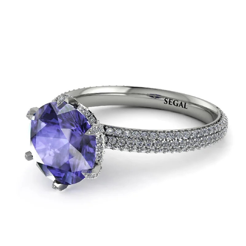 Custom Engraved Ring for Couples-Hidden Halo Round Tanzanite Engagement Ring - Ashley No. 203