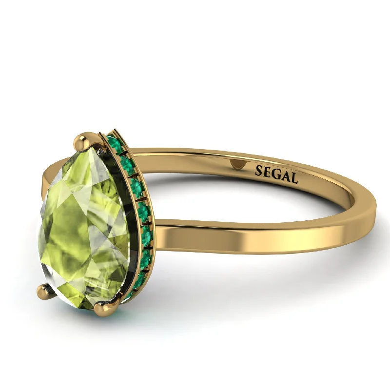 Beautiful Gold Ring with Gemstones-Hidden Halo Pear Peridot Engagement Ring - Mary No. 704