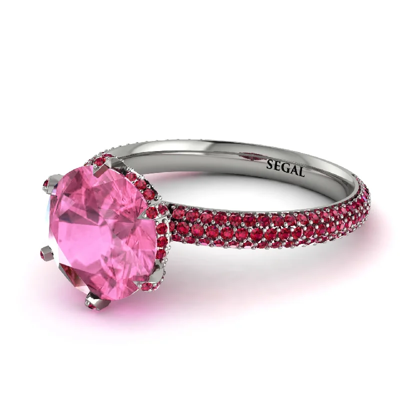 Modern Wedding Ring Set for Women-Hidden Halo Round Pink Moissanite Engagement Ring - Ashley No. 812