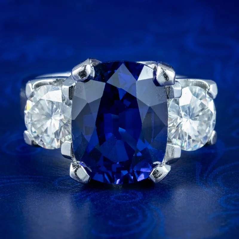 Classic Silver Ring for Casual Wear-Art Deco Style Sapphire Moissanite Trilogy Ring 6ct Lab Created Sapphire