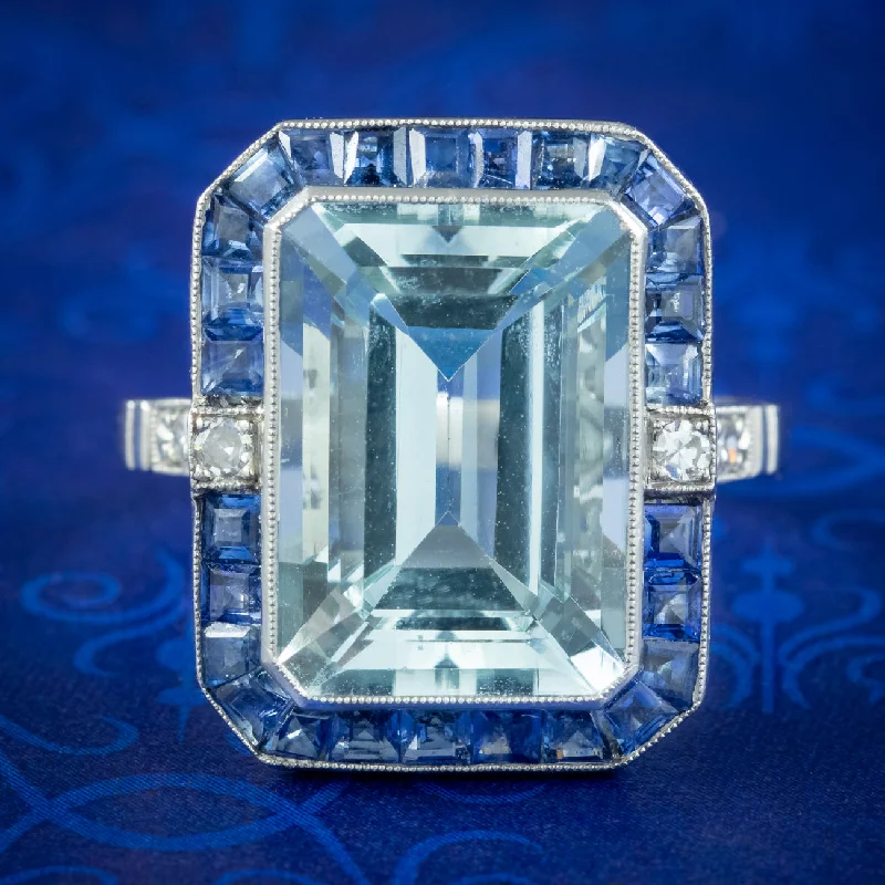 Custom Engagement Ring with Diamonds-Art Deco Style Aquamarine Sapphire Diamond Cocktail Ring 7.29ct Aqua