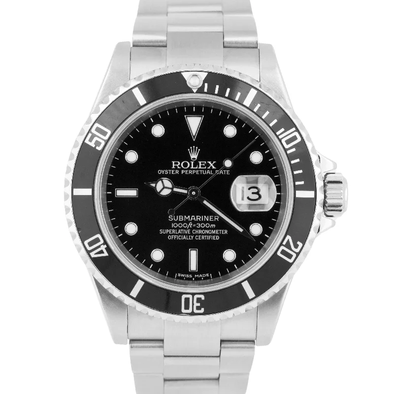 Luxury Watches with Black Leather Strap-Rolex Submariner Date 40mm Stainless Steel Oyster NO-HOLES Black Watch 16610