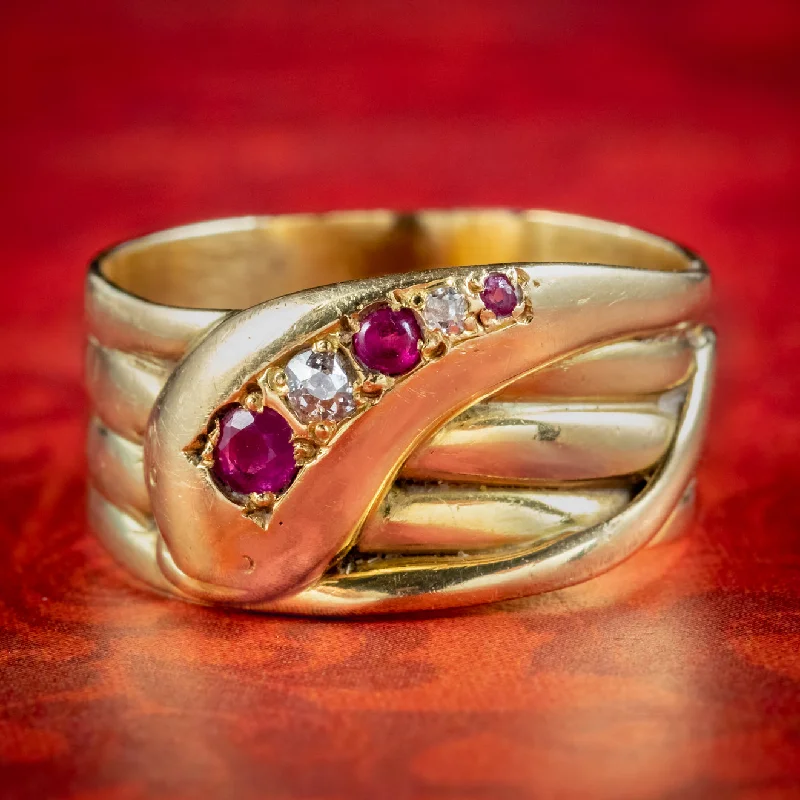 Luxury Ring with Gold and Diamonds-Antique Victorian Ruby Diamond Snake Ring Circa 1890