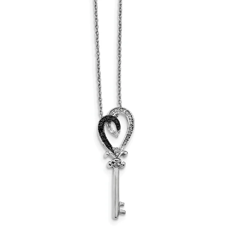 Vintage Gold Necklace for Classic Look-1/8 Ctw White & Black Diamond Heart Key Necklace in Sterling Silver