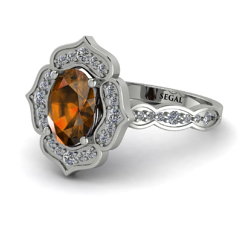 Custom Silver Ring for Customization-Decorated Halo Oval Brown Diamond Engagement Ring - Faith No. 1103