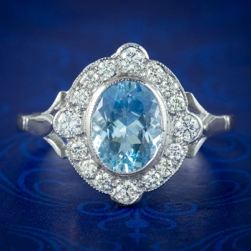 Luxury Ruby Ring for Women-Art Deco Style Aquamarine Diamond Ring 1.6ct Aqua