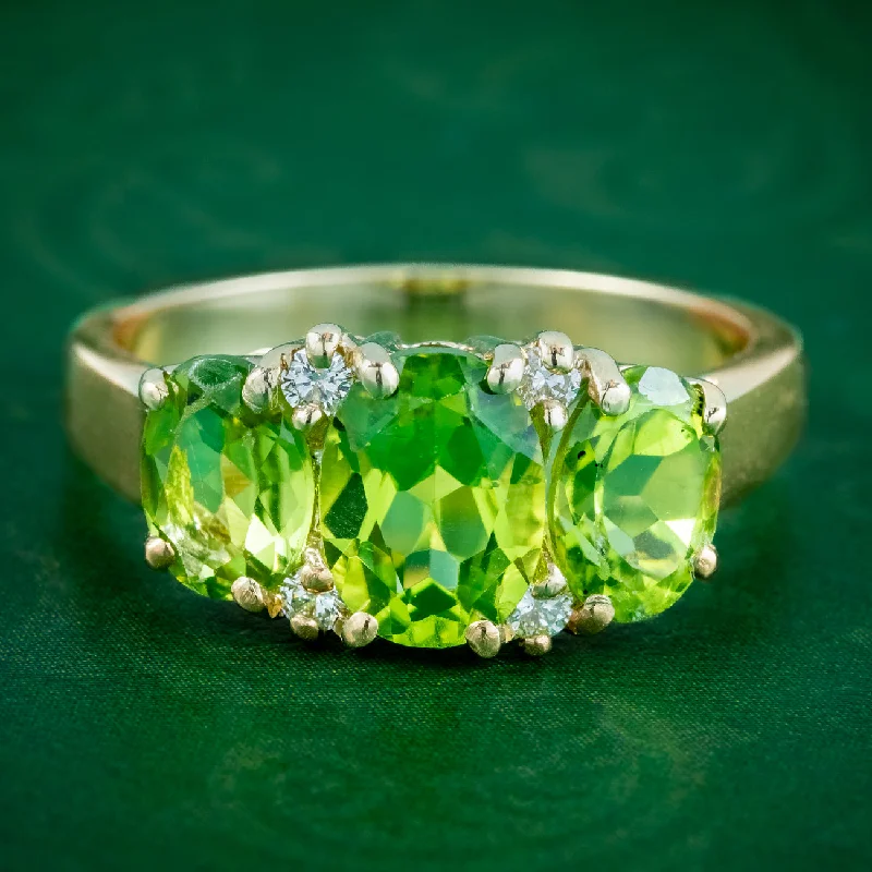 Custom Diamond Ring for Engagement-Victorian Style Peridot Diamond Trilogy Ring 9ct Gold