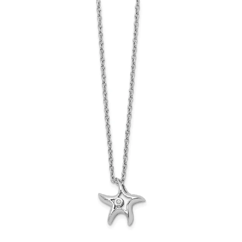 Silver Necklace with Heart Charm-13mm Starfish Diamond Necklace in Rhodium Plated Silver, 18 Inch