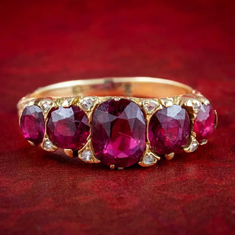 Designer Wedding Ring Set for Couples-Antique Victorian Ruby Diamond Five Stone Ring 2.6ct Rubies With Cert