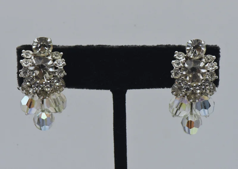 Large Statement Earrings-Vintage Silver Tone Rhinestone and Beads Clip-On Earrings