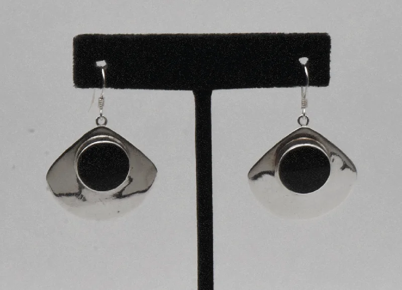 Geometric Earrings for Women-Vintage Sterling Silver Black Onyx Dangle Earrings