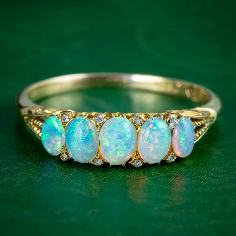 Custom Ring for Proposal-Antique Victorian Opal Diamond Five Stone Ring 1.1ct Total