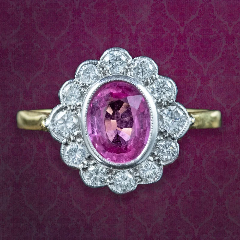 Simple Gold Ring for Women-Edwardian Style Pink Sapphire Diamond Cluster Ring 1.5ct Sapphire