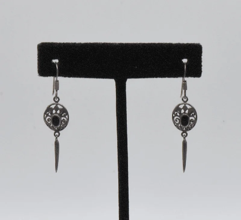 Vintage Gold Earrings-Vintage Sterling Silver Black Onyx Dangle Earrings