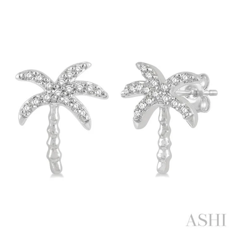 Sparkling Earrings for Bold Fashion-1/10 Ctw Palm Tree Round Cut Diamond Petite Fashion Earring in 14K White Gold