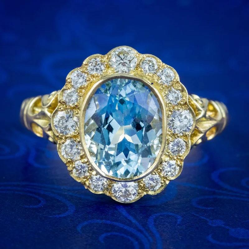 Classic Diamond Ring for Engagement-Victorian Style Aquamarine Diamond Cluster Ring 2.5ct Aqua