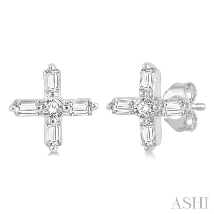 Pearl Earrings for Weddings-1/10 Ctw Greek Cross Baguette and Round Cut Diamond Petite Earring in 10K White Gold