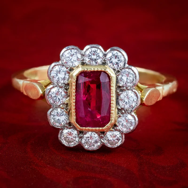 Vintage Engagement Ring with Emerald-Edwardian Style Ruby Diamond Cluster Ring 0.75ct Ruby