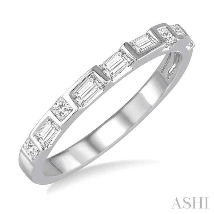 Black Wedding Band for Men-1/3 ctw Zigzag Filled Baguette and Princess Cut Diamond Wedding Band in 14K White Gold