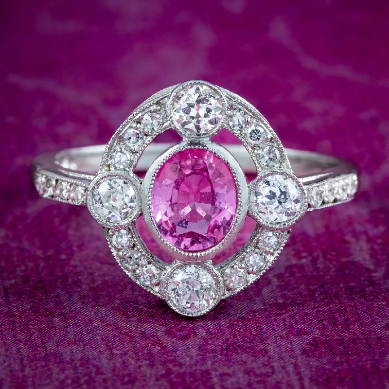 Luxury Wedding Ring for Women-Art Deco Style Pink Sapphire Diamond Cluster Ring 0.75ct Sapphire