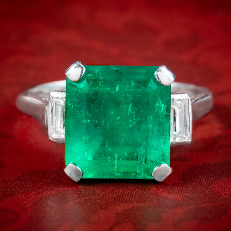 Multi-Stone Ring for Fashion Lovers-Art Deco Emerald Diamond Trilogy Ring 7.24ct Colombian Emerald With Cert