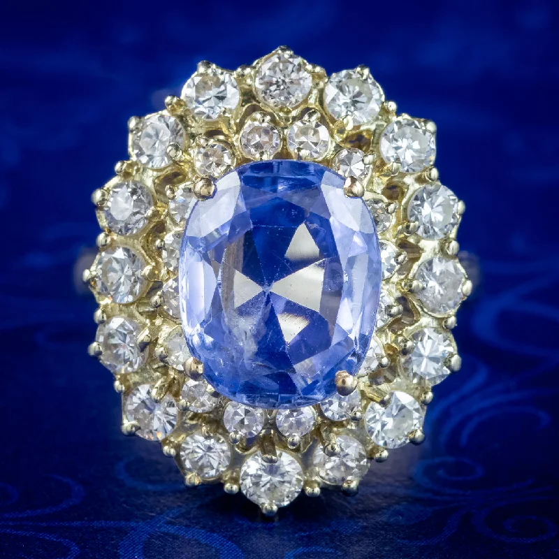 Beautiful Wedding Band for Women-Vintage Ceylon Sapphire Diamond Cluster Ring 4.29ct Sapphire With Cert