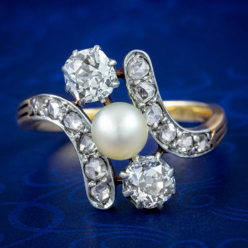 Classic Gold Wedding Ring-Antique Victorian Pearl Diamond Trilogy Twist Ring 1.8ct Diamond Ring with Pearls