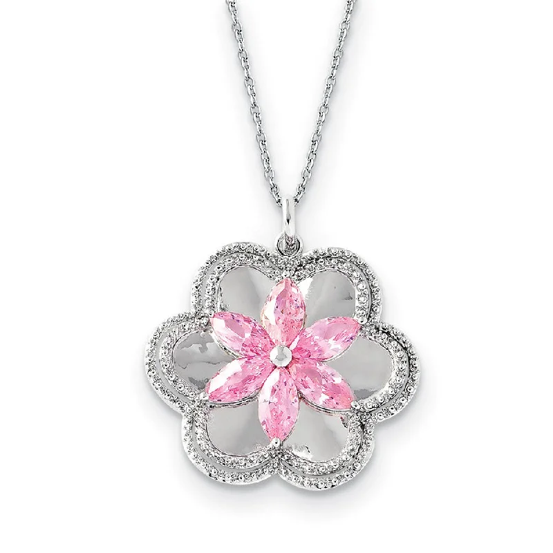 Wedding Necklace for Brides-Rhodium Plated Sterling Silver & CZ Pretty in Pink Flower Necklace