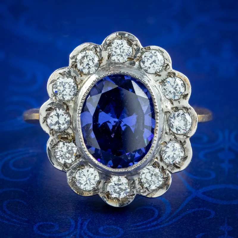 Custom Engagement Ring with Diamonds-Edwardian Style Blue CZ Tanzanite Daisy Cluster Ring