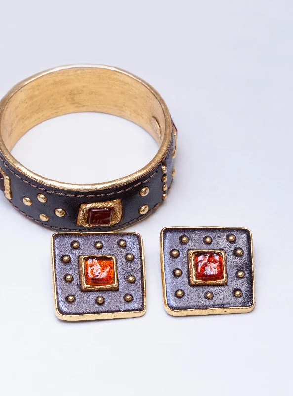 High Fashion Earrings for Women-Set of Vintage Leather and Gold Cuff Bracelet and Earrings