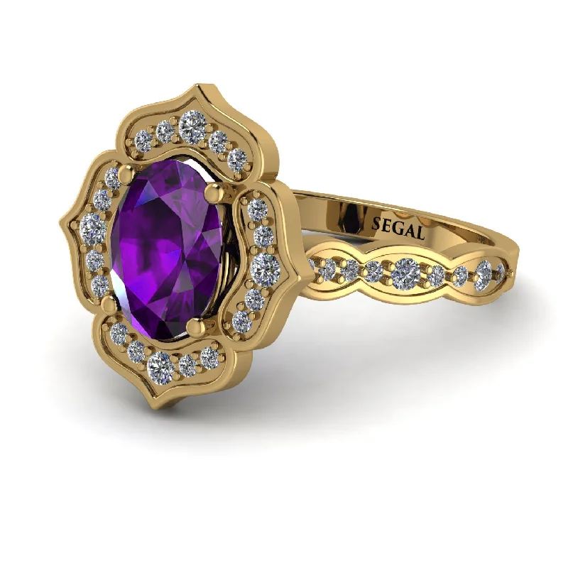 Designer Gold Ring for Engagement-Decorated Halo Oval Amethyst Engagement Ring - Faith No. 301