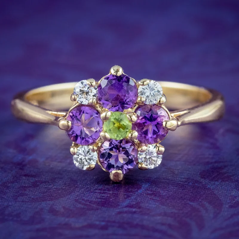 Sterling Silver Ring for Men-Edwardian Style Suffragette Cluster Ring Amethyst Peridot Diamond