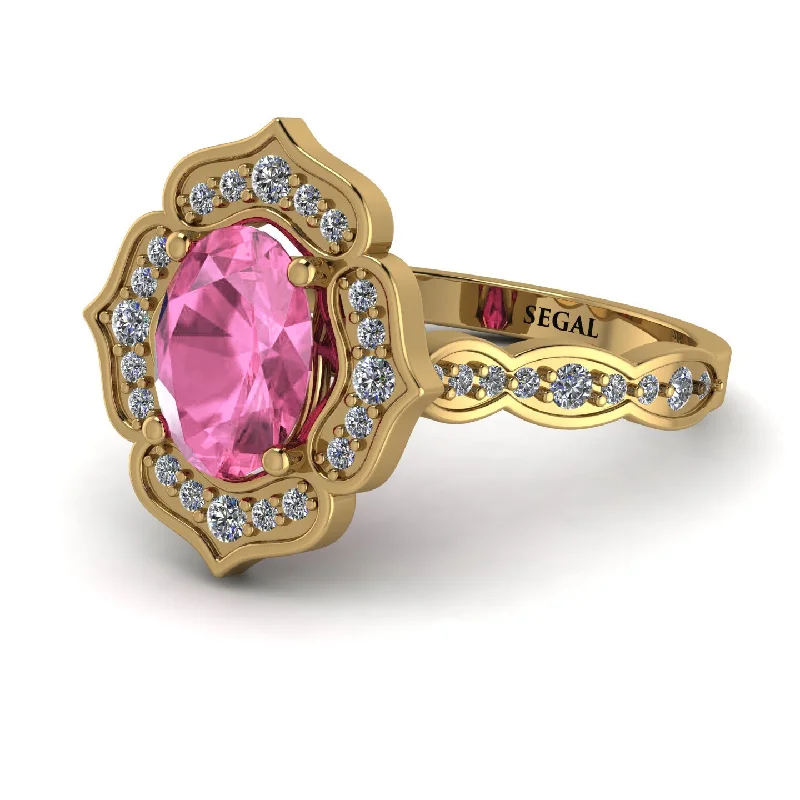 Bold Gemstone Ring for Statement Look-Decorated Halo Oval Pink Moissanite Engagement Ring - Faith No. 801