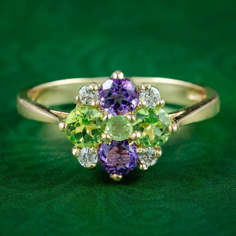 Vintage Diamond Ring for Women-Edwardian Suffragette Style 9ct Gold Cluster Ring Amethyst Peridot Diamond