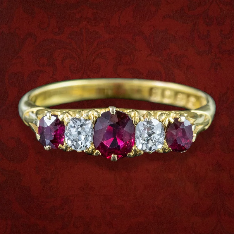 Simple Silver Ring Set for Couples-Antique Edwardian Ruby Diamond Five Stone Ring Dated 1904