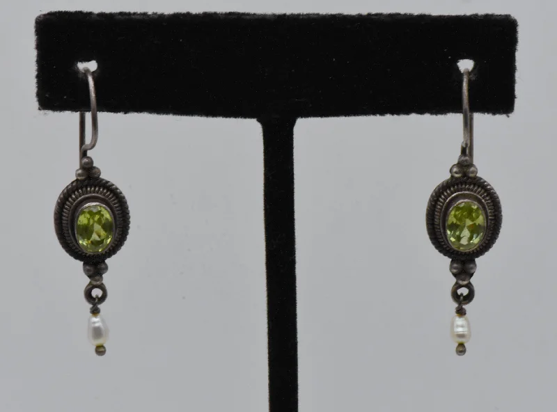 Gold Plated Drop Earrings-Vintage Faux Peridot and Pearl Sterling Silver Dangle Earrings