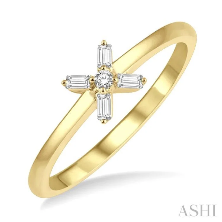 Sterling Silver Ring for Special Occasions-1/10 Ctw Cross Baguette and Round Cut Diamond Petite Fashion Ring in 10K Yellow Gold