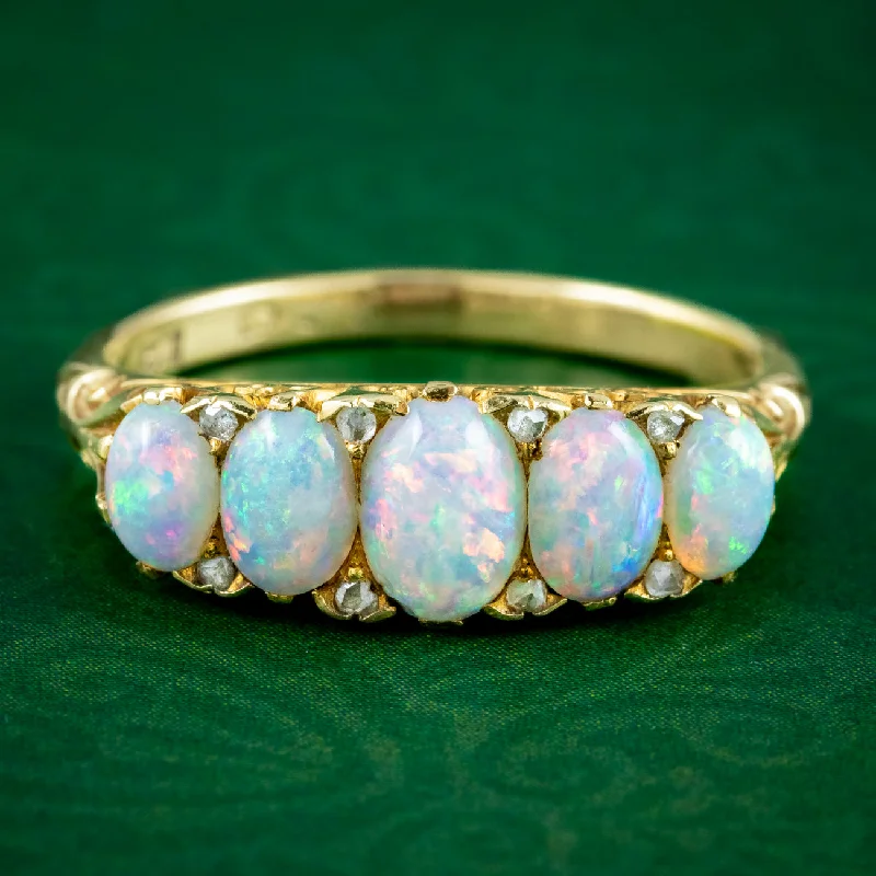 Vintage Ring with Sapphire-Antique Victorian Opal Diamond Five Stone Ring 1.7ct Of Opal