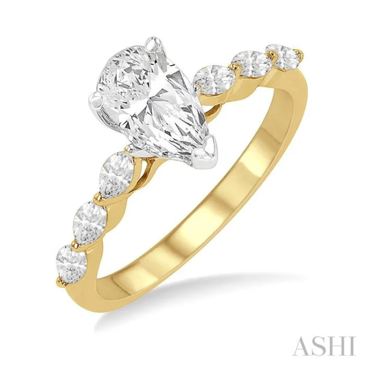 Large Ring with Gemstone for Fashion-3/8 ctw Pear Shape Marquise & Round Cut Diamond Semi-Mount Engagement Ring in 14K Yellow and White Gold