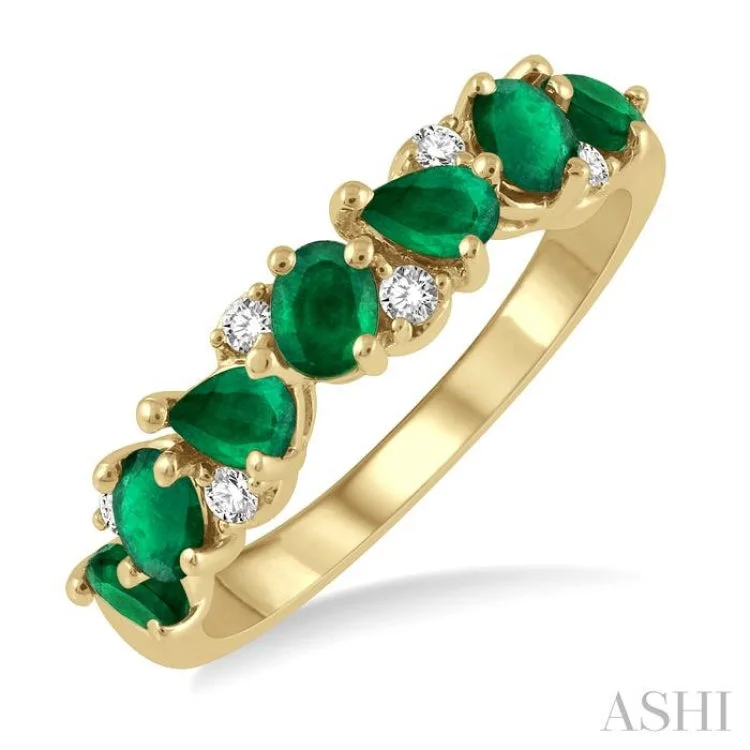 Large Gemstone Ring for Evening Wear-1/10 ctw Pear and Oval Shape 4X3MM Emerald and Round Cut Diamond Precious Band in 14K Yellow Gold