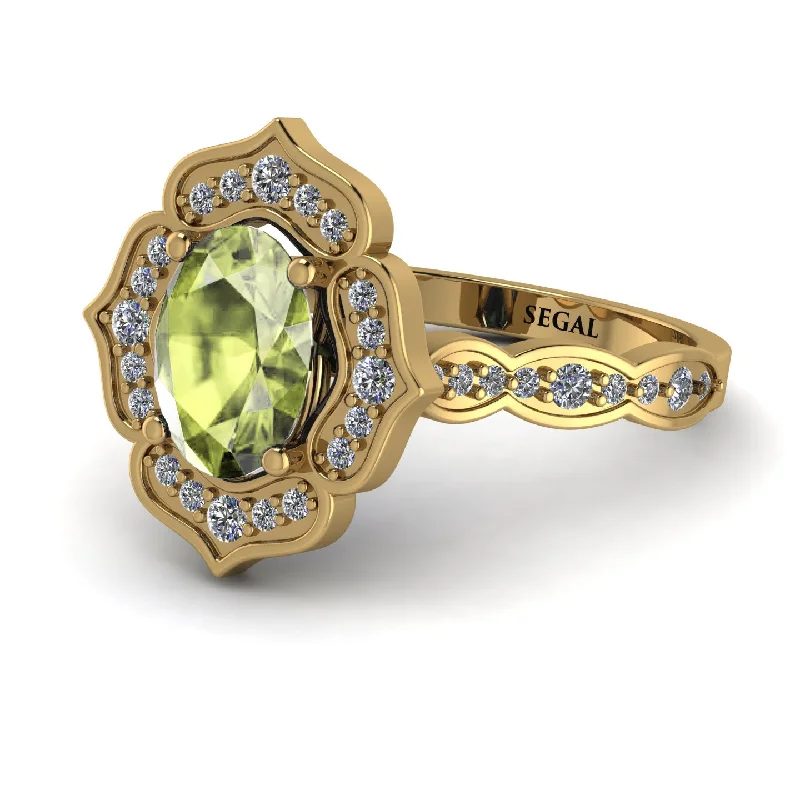 Simple Silver Ring for Bridesmaids-Decorated Halo Oval Peridot Engagement Ring - Faith No. 701