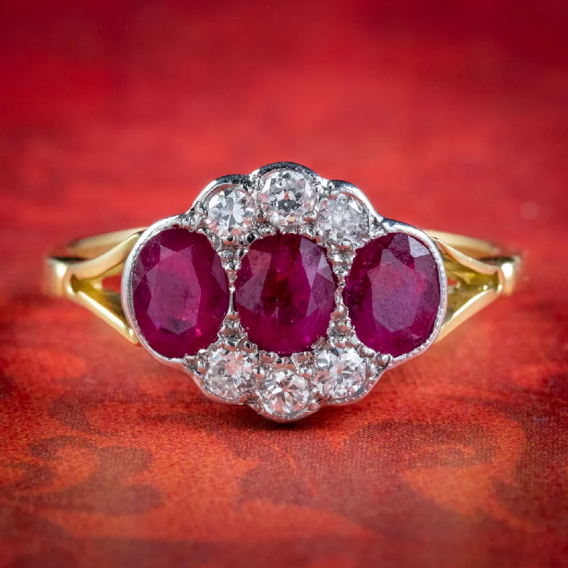 Personalized Birthstone Ring for Brides-Edwardian Style Ruby Diamond Cluster Ring 18ct Gold 1.25ct Of Ruby