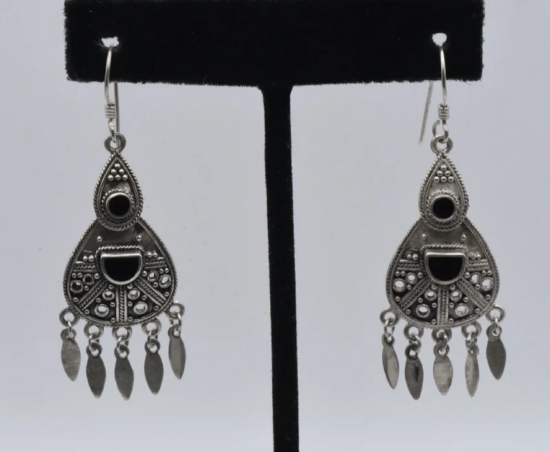 Dangle Earrings for Women-Vintage Handmade Sterling Silver and Black Onyx Dangle Earrings