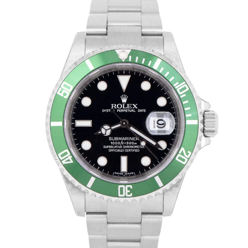 Designer Watches with Custom Engraving-NOS STICKERED PAPERS Rolex Submariner Date KERMIT Green REHAUT 40mm 16610 LV B+P