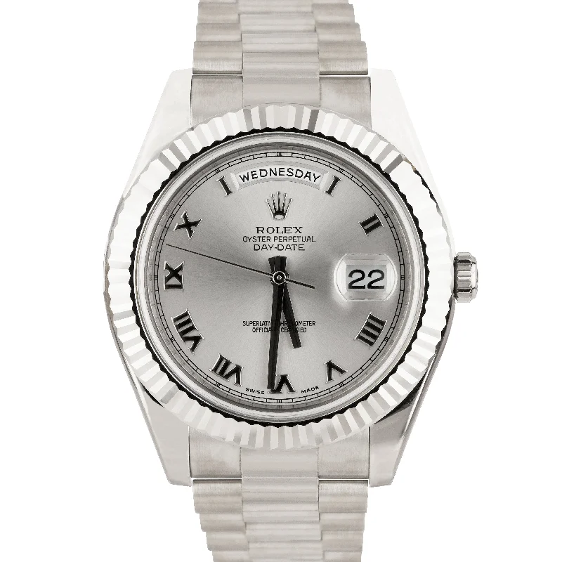 Trendy Watches for Women with Gemstones-Rolex Day-Date II Presidential 41mm Silver Roman 18K White Gold 218239 B+P