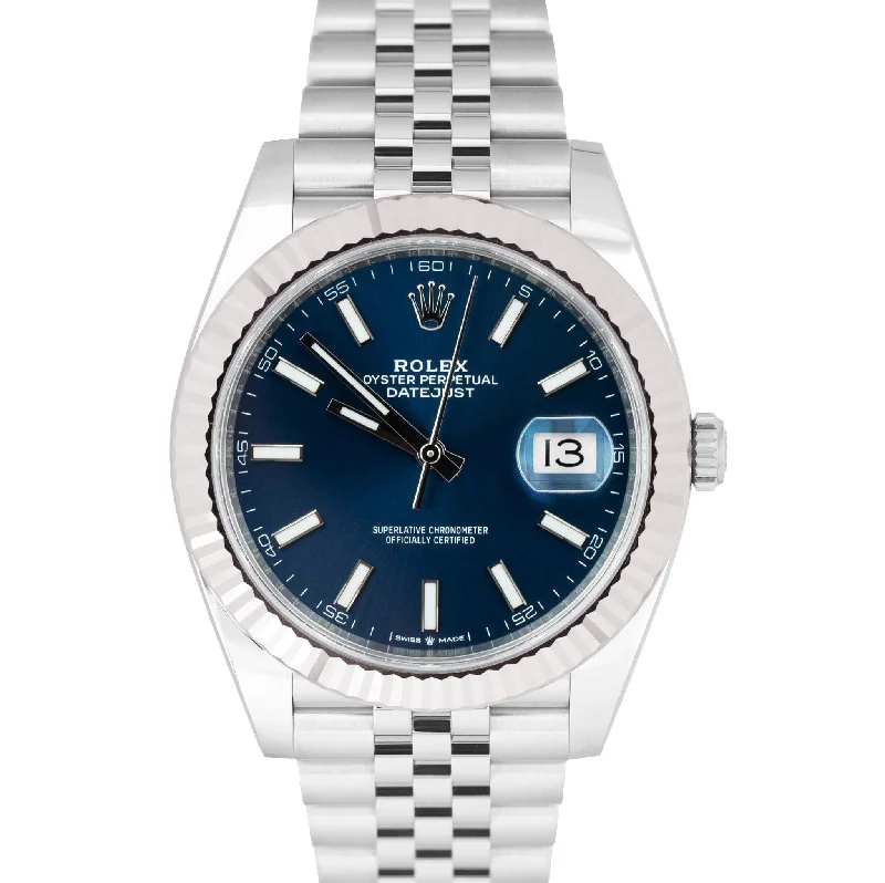 Fashionable Watches for Women with Bold Colors-NEW SEPT 2023 Rolex DateJust 41 PAPERS Blue Steel Jubilee 41mm Watch 126334 B+P