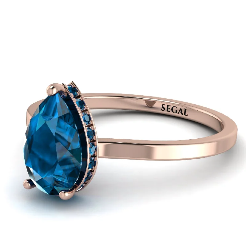 Simple Gold Band Ring-Hidden Halo Pear Blue Topaz Engagement Ring - Mary No. 514